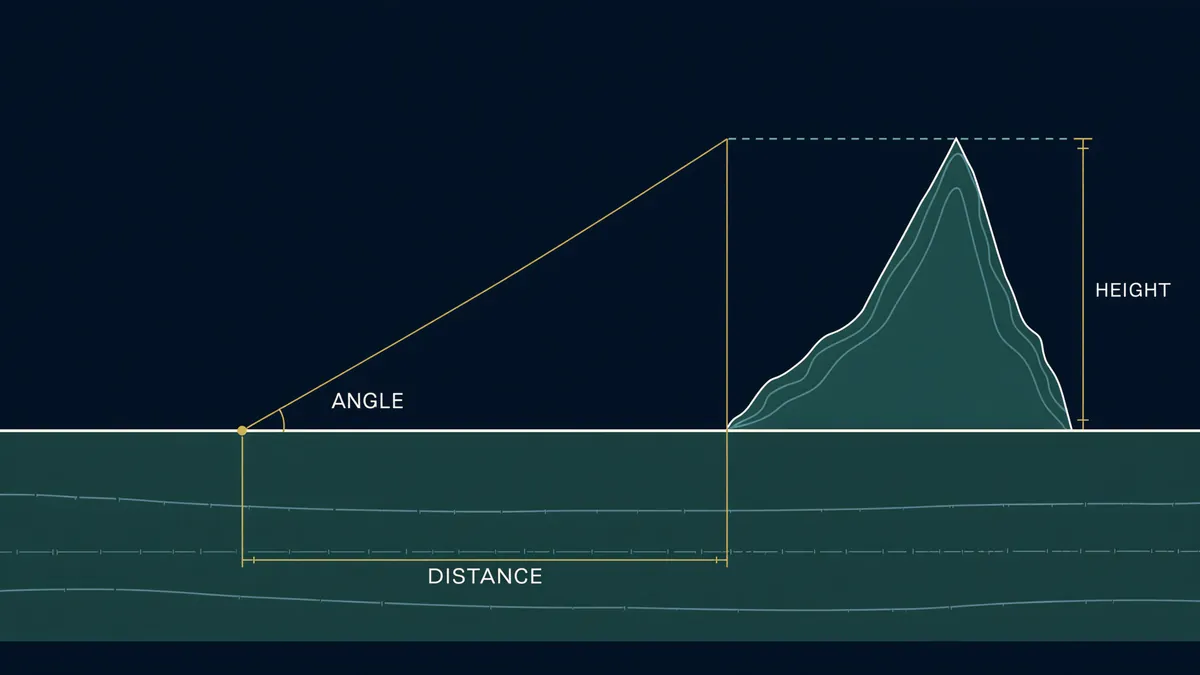 Elevation angle and distance: the angle from the site up to the terrain in a given direction, the horizontal distance to it, and its height above the site.